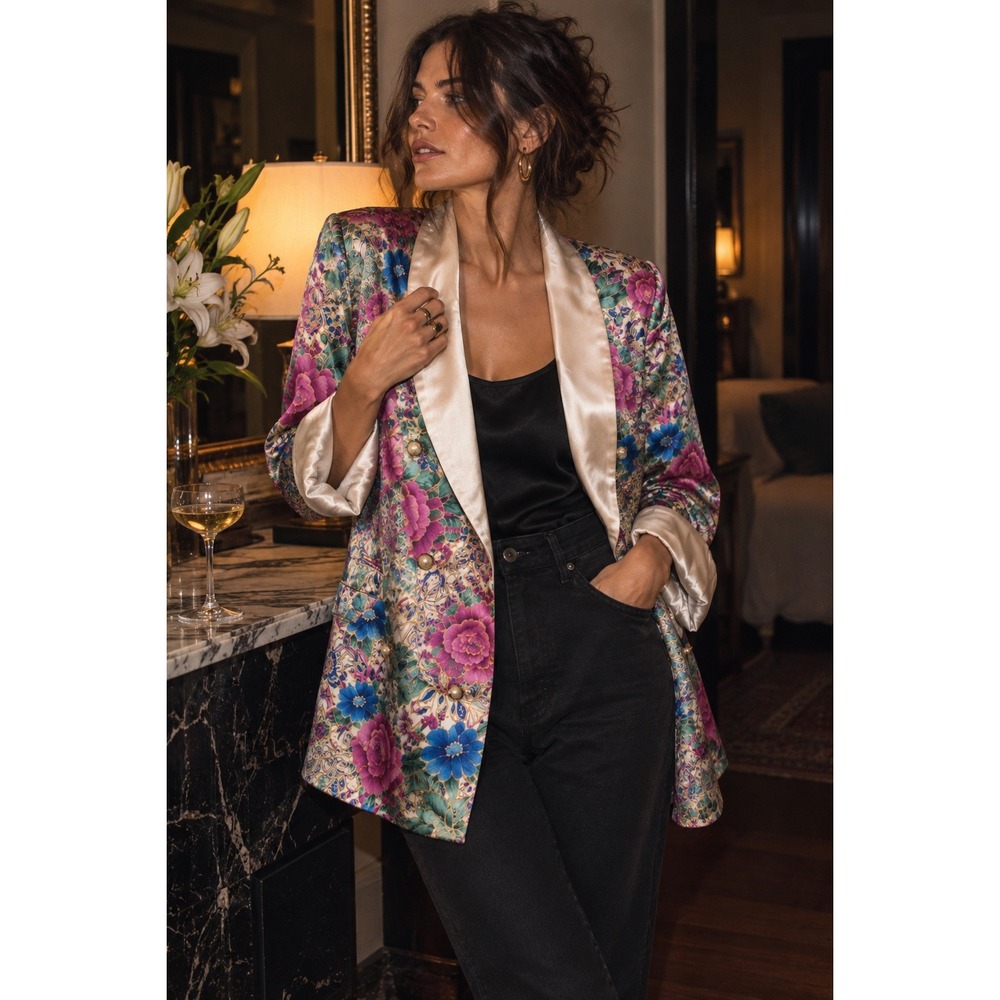 Vintage Victoria's Secret Gold Label Floral Satin Smoking Jacket Blazer L